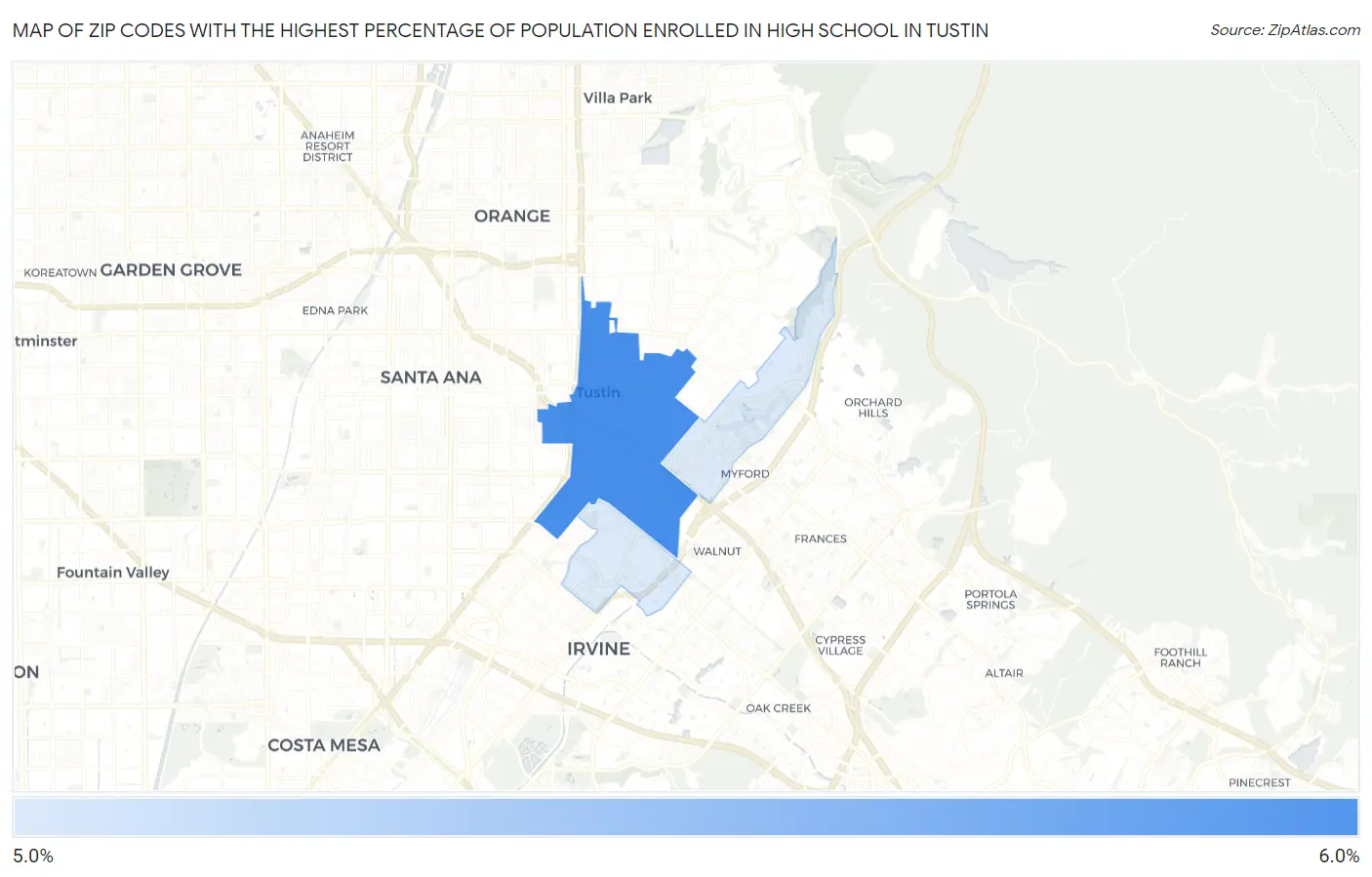 Zip Codes with the Highest Percentage of Population Enrolled in High School in Tustin Map