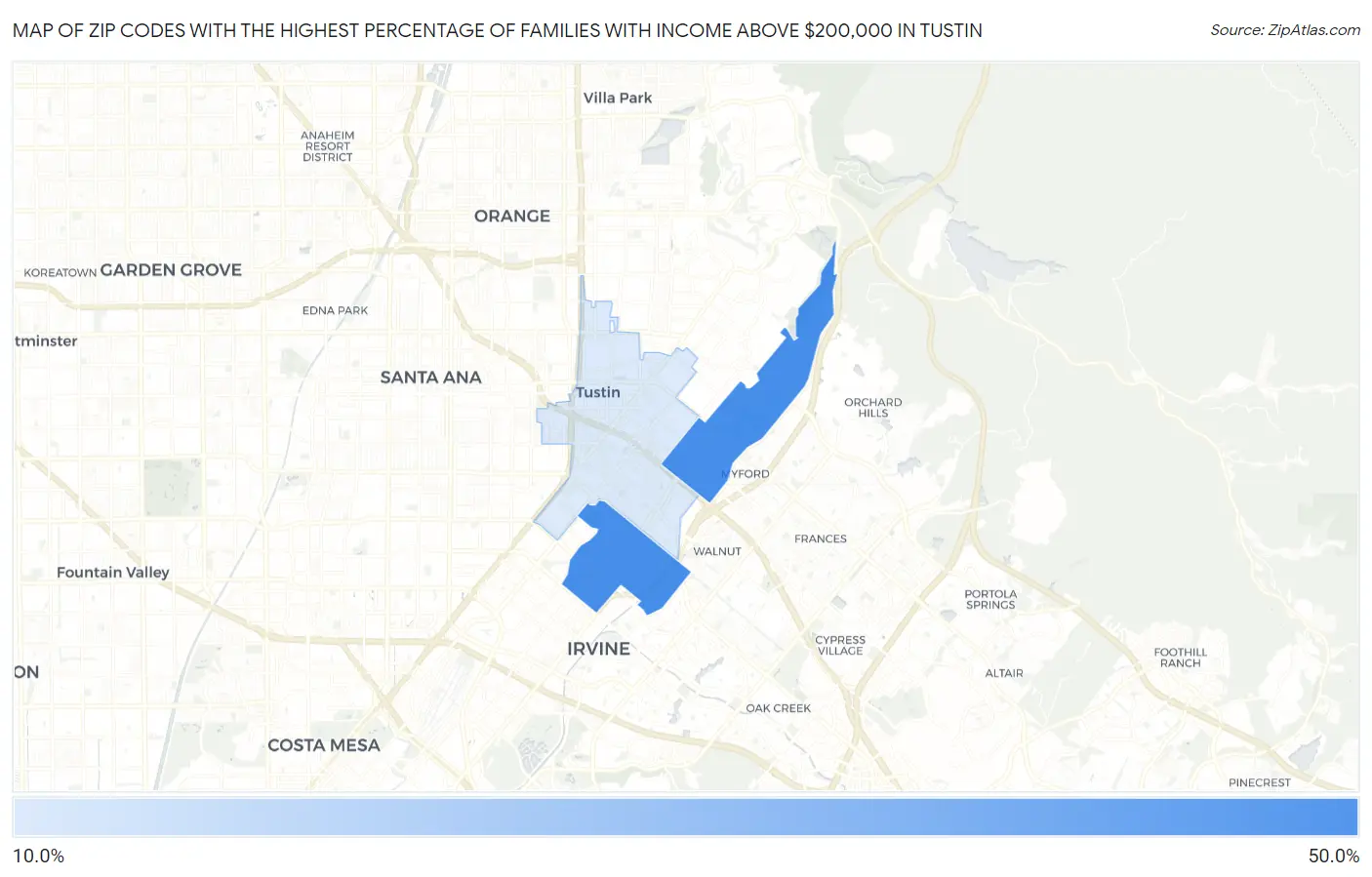 Zip Codes with the Highest Percentage of Families with Income Above $200,000 in Tustin Map