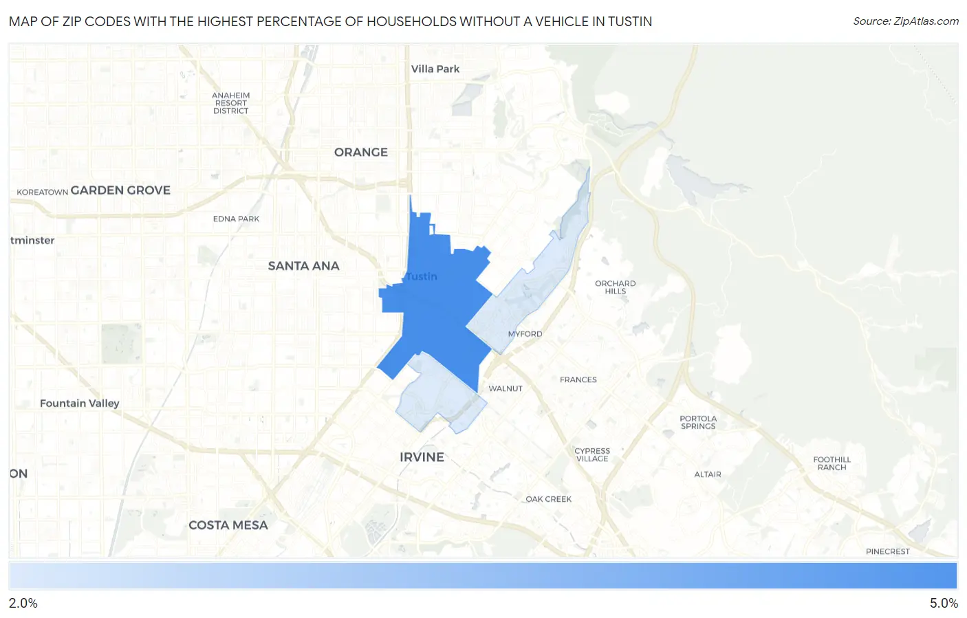 Zip Codes with the Highest Percentage of Households Without a Vehicle in Tustin Map