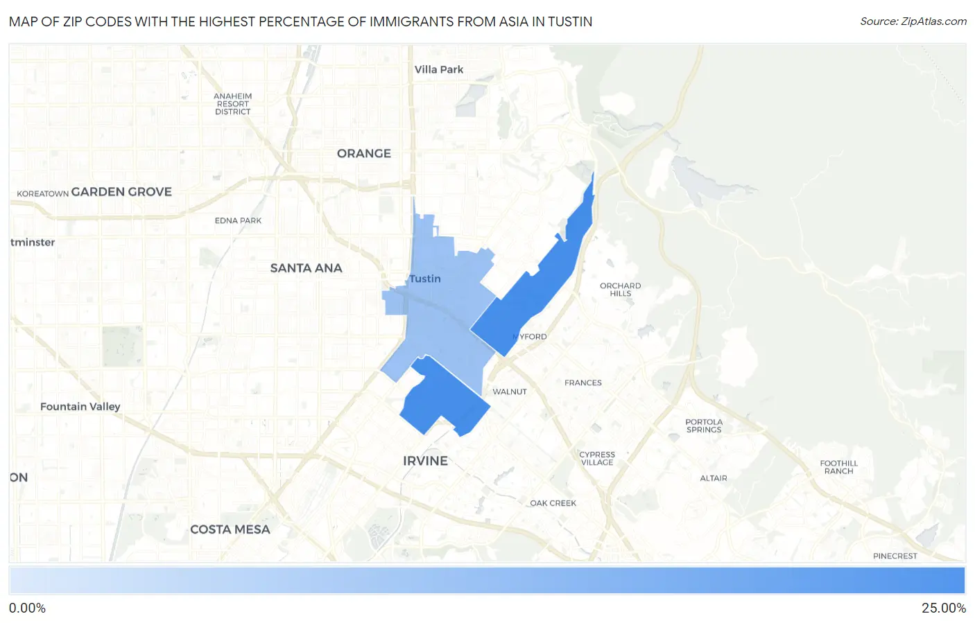 Zip Codes with the Highest Percentage of Immigrants from Asia in Tustin Map