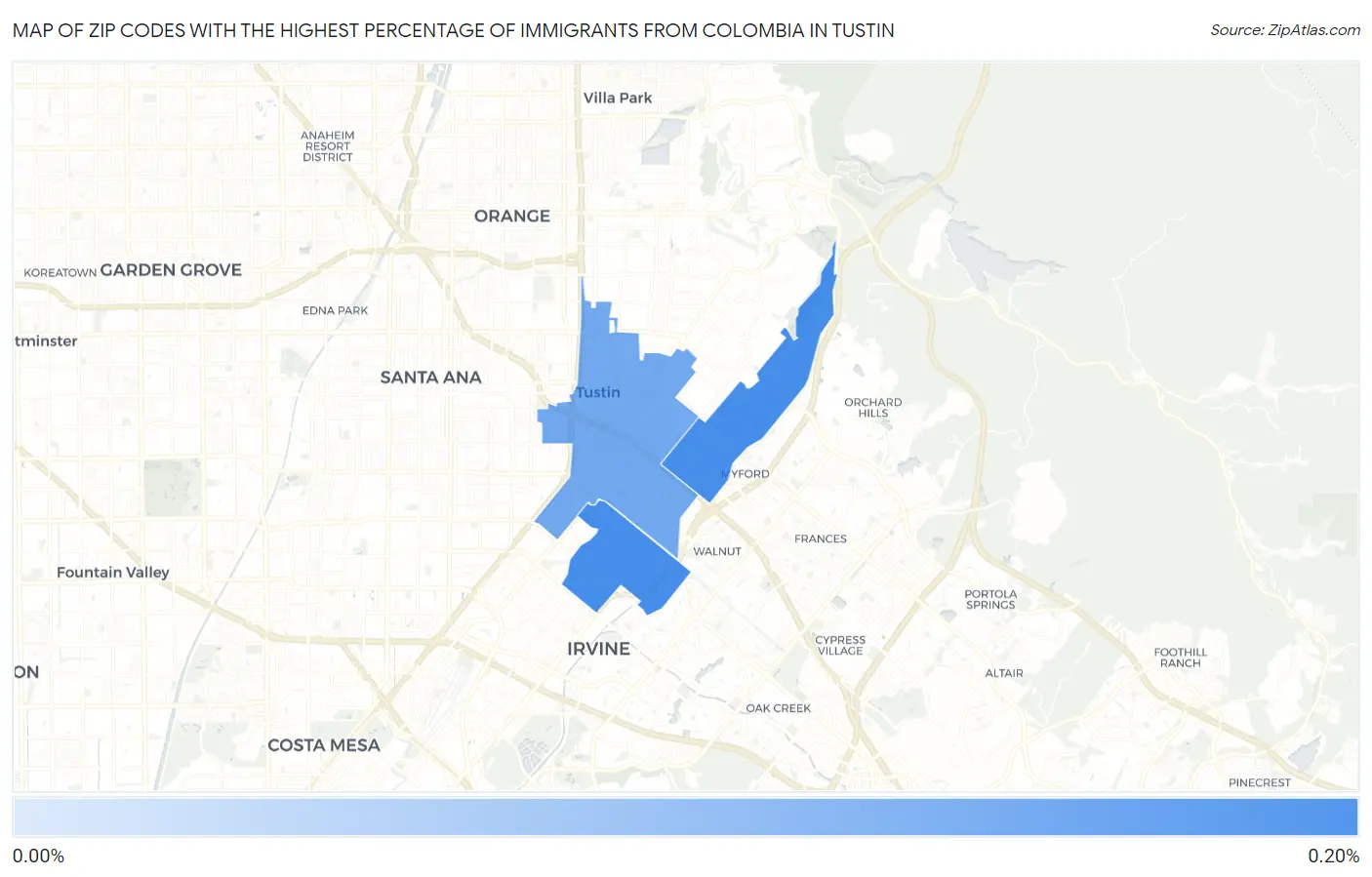 Zip Codes with the Highest Percentage of Immigrants from Colombia in Tustin Map
