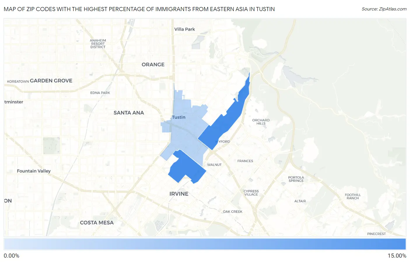 Zip Codes with the Highest Percentage of Immigrants from Eastern Asia in Tustin Map