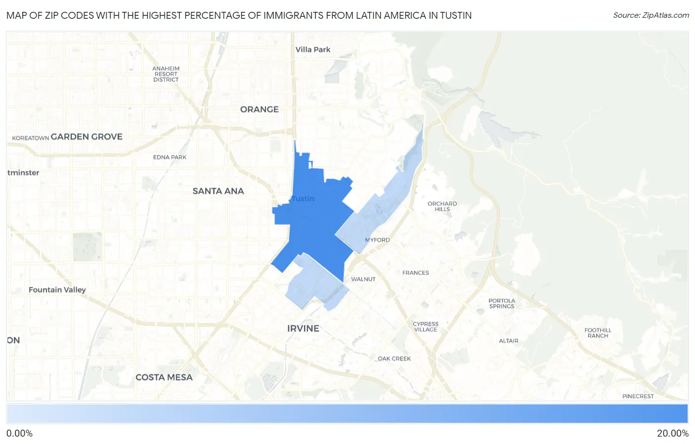 Zip Codes with the Highest Percentage of Immigrants from Latin America in Tustin Map