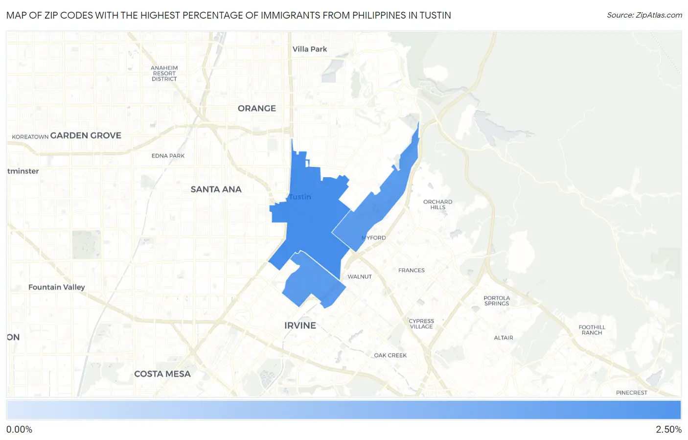 Zip Codes with the Highest Percentage of Immigrants from Philippines in Tustin Map