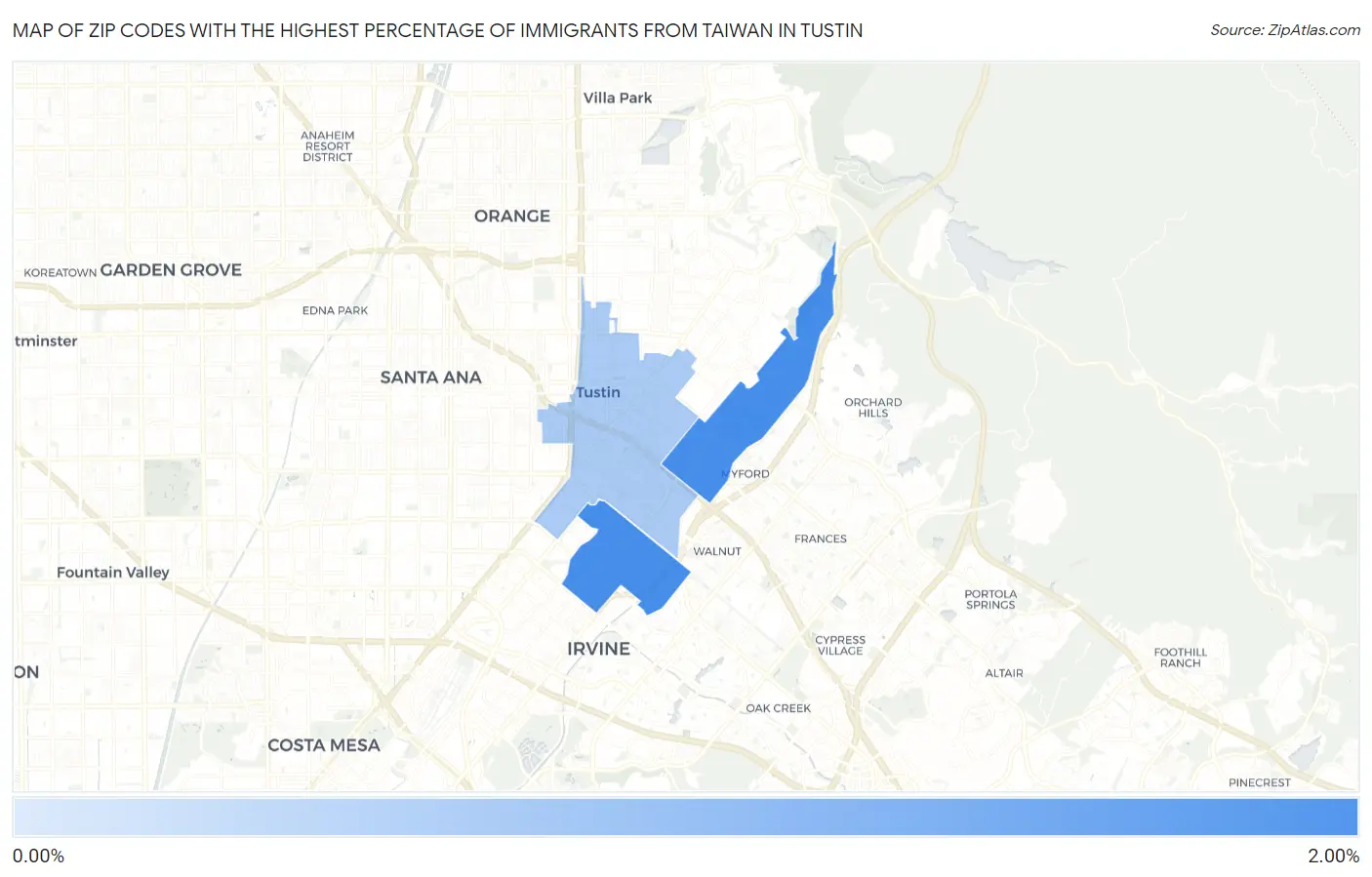 Zip Codes with the Highest Percentage of Immigrants from Taiwan in Tustin Map