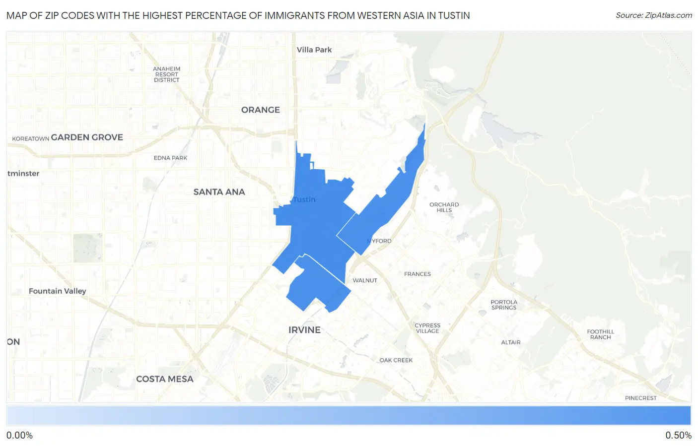 Zip Codes with the Highest Percentage of Immigrants from Western Asia in Tustin Map