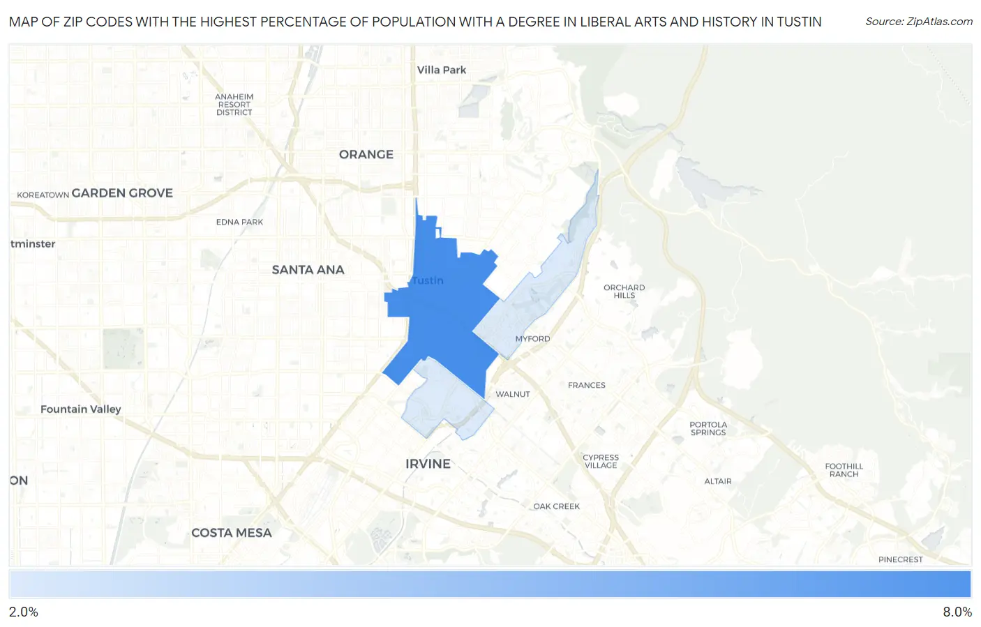 Zip Codes with the Highest Percentage of Population with a Degree in Liberal Arts and History in Tustin Map