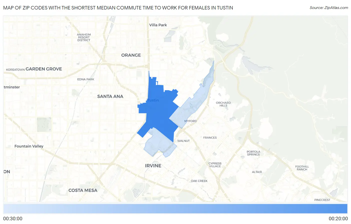Zip Codes with the Shortest Median Commute Time to Work for Females in Tustin Map