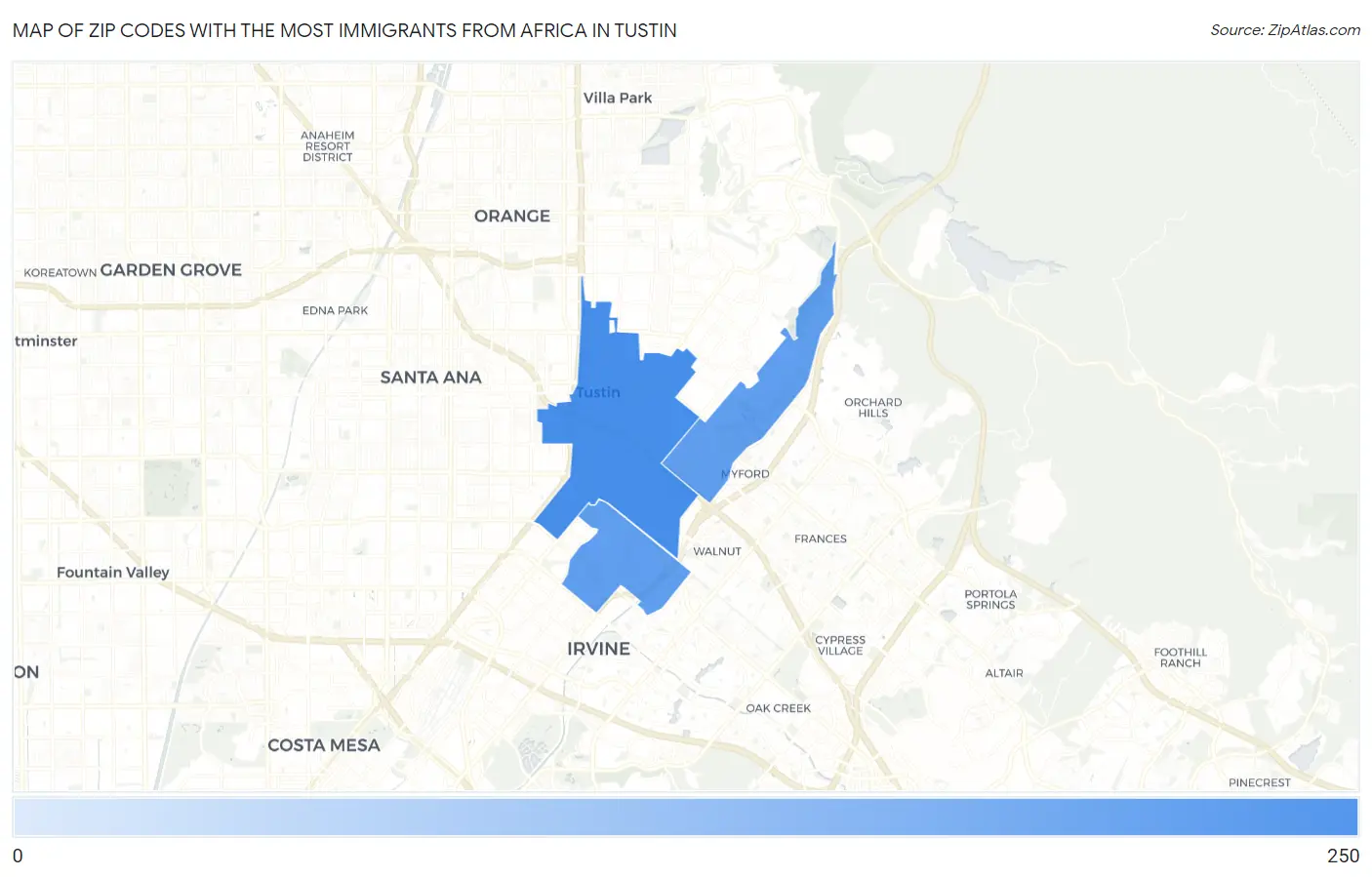 Zip Codes with the Most Immigrants from Africa in Tustin Map