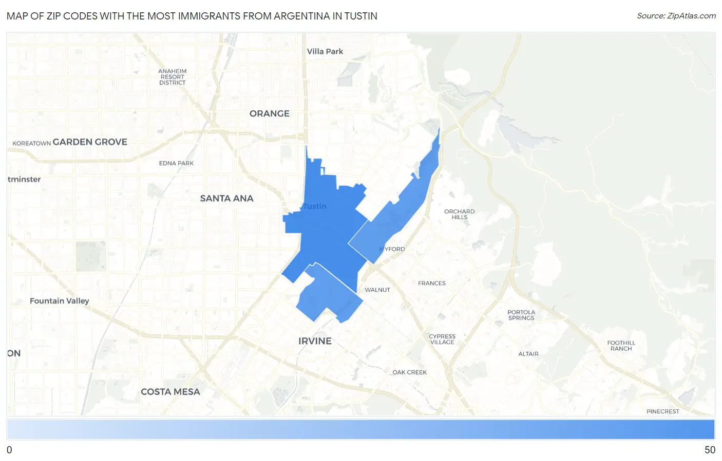 Zip Codes with the Most Immigrants from Argentina in Tustin Map