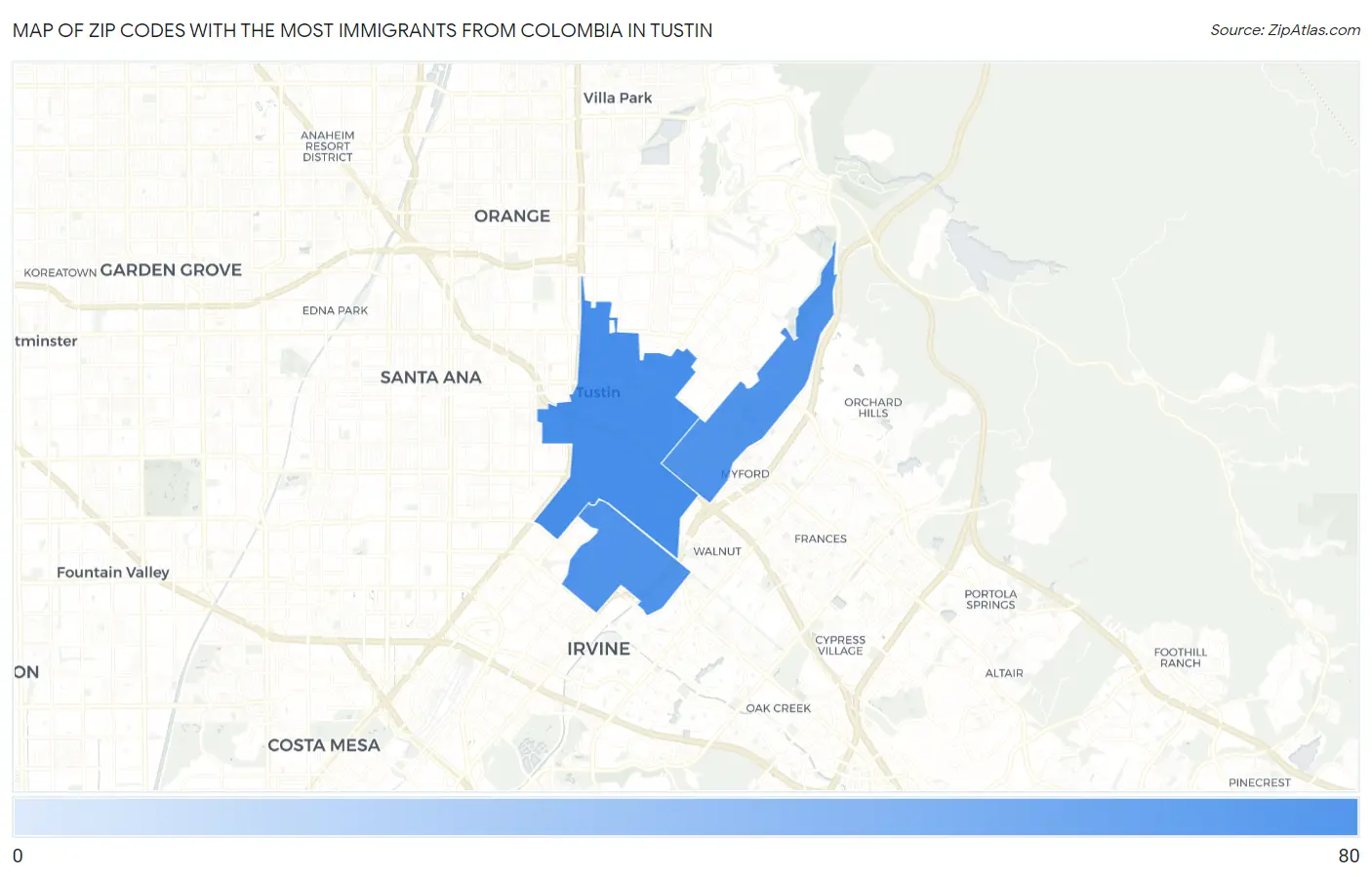 Zip Codes with the Most Immigrants from Colombia in Tustin Map