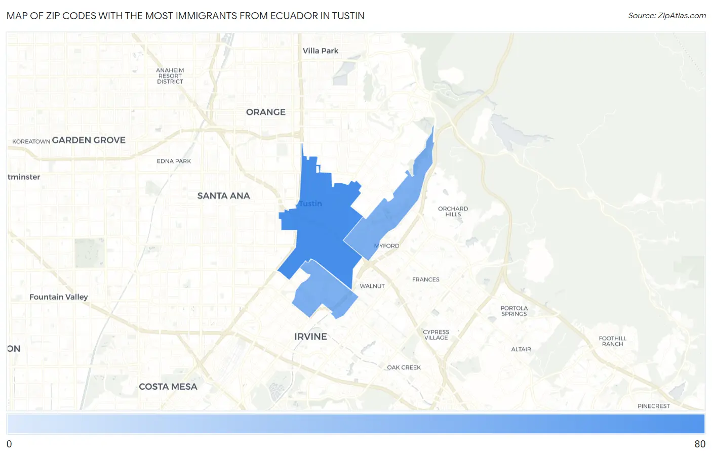 Zip Codes with the Most Immigrants from Ecuador in Tustin Map