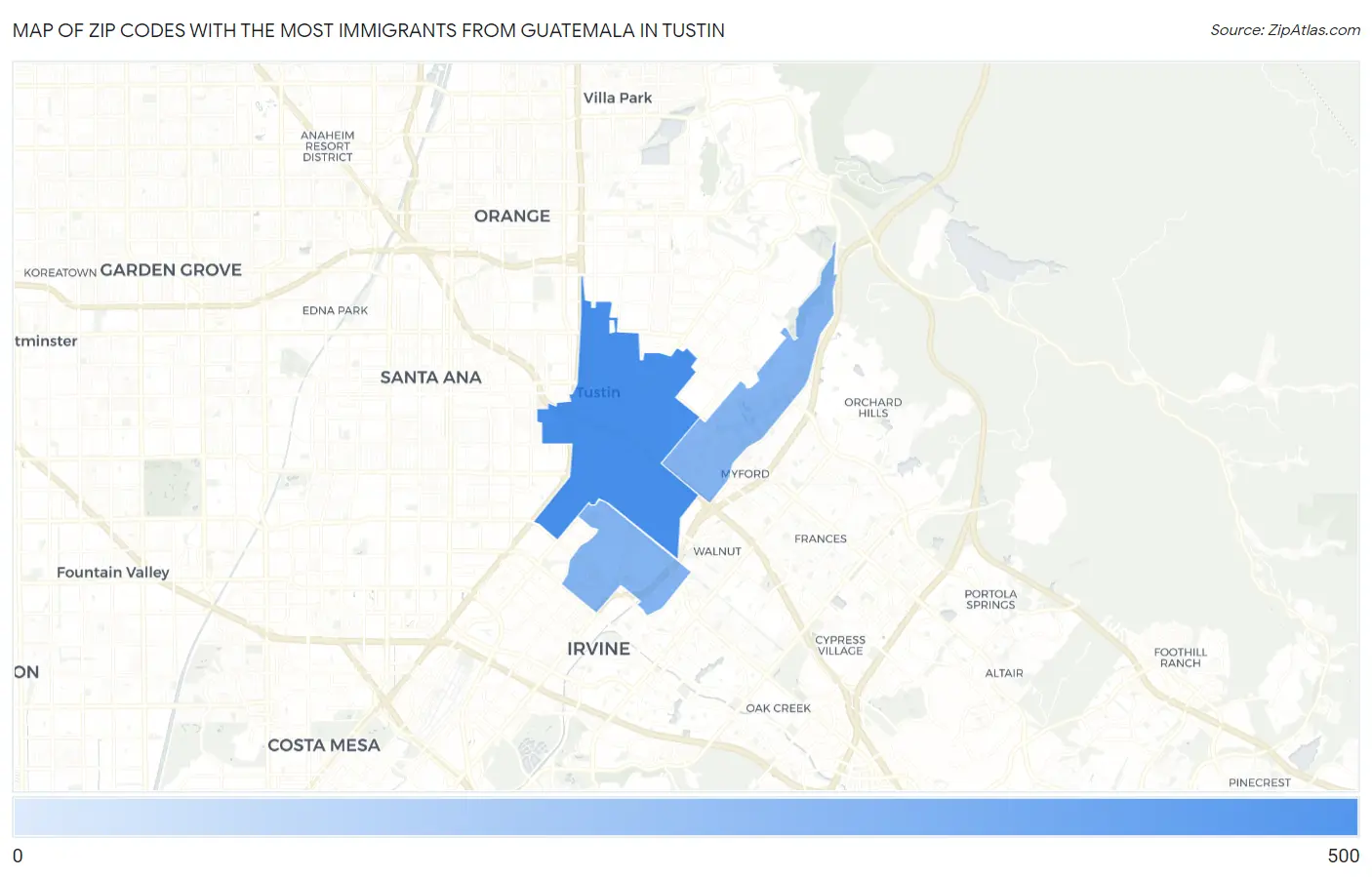 Zip Codes with the Most Immigrants from Guatemala in Tustin Map