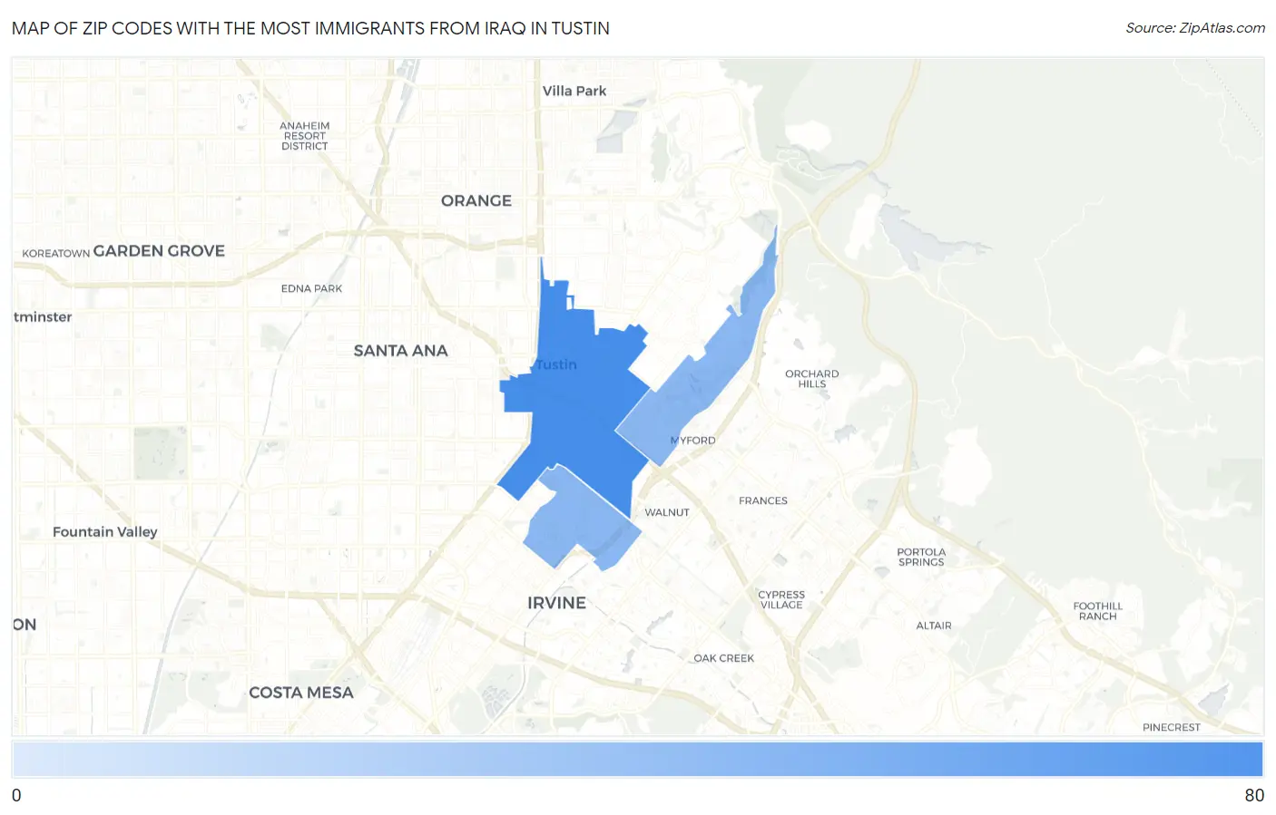 Zip Codes with the Most Immigrants from Iraq in Tustin Map