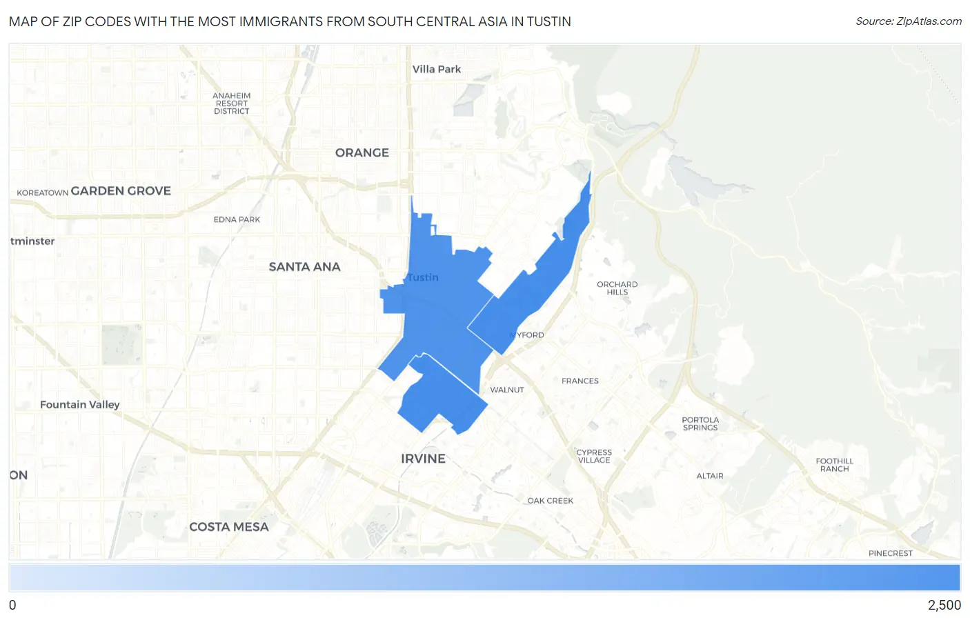 Zip Codes with the Most Immigrants from South Central Asia in Tustin Map