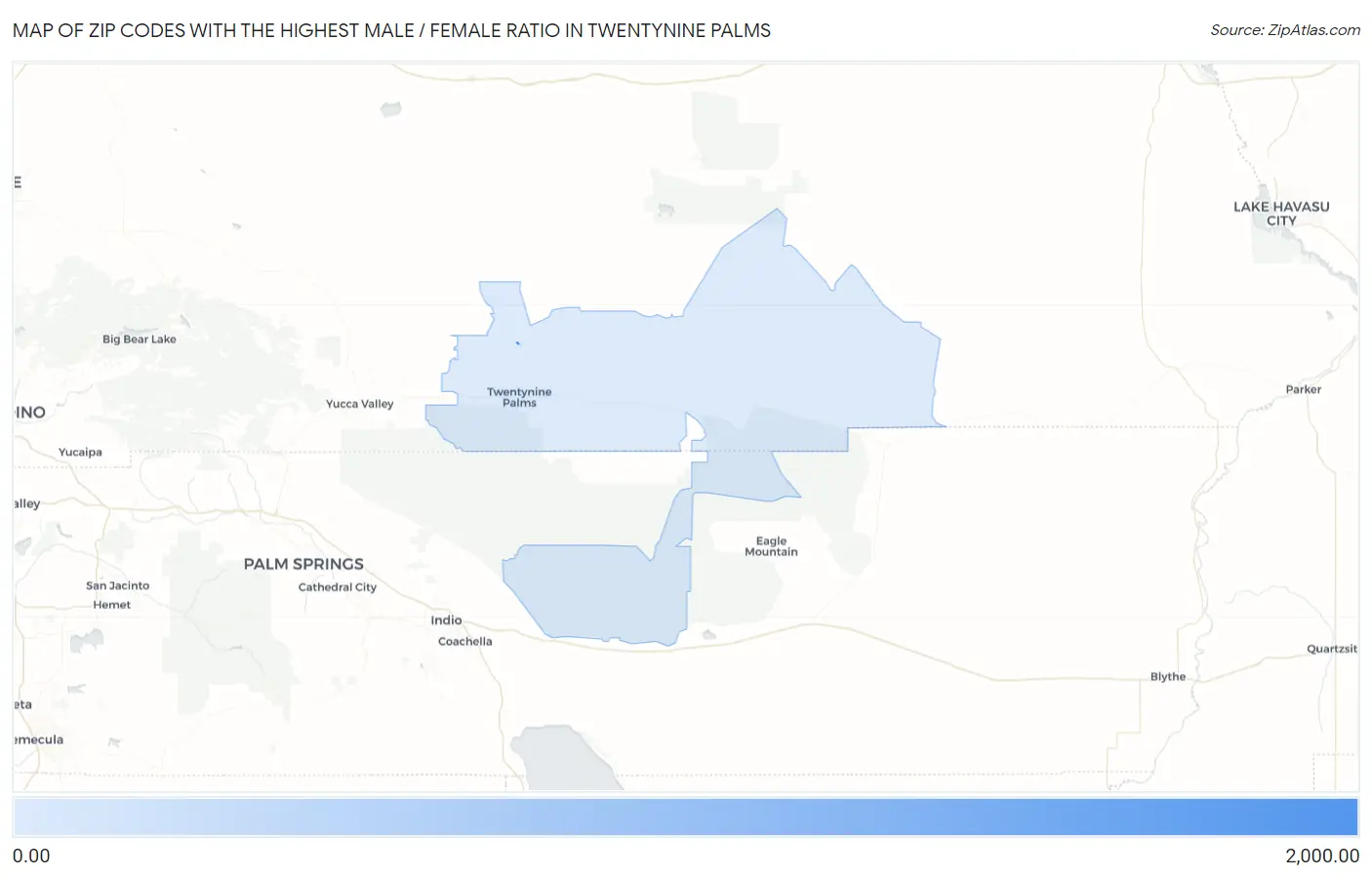 Zip Codes with the Highest Male / Female Ratio in Twentynine Palms Map