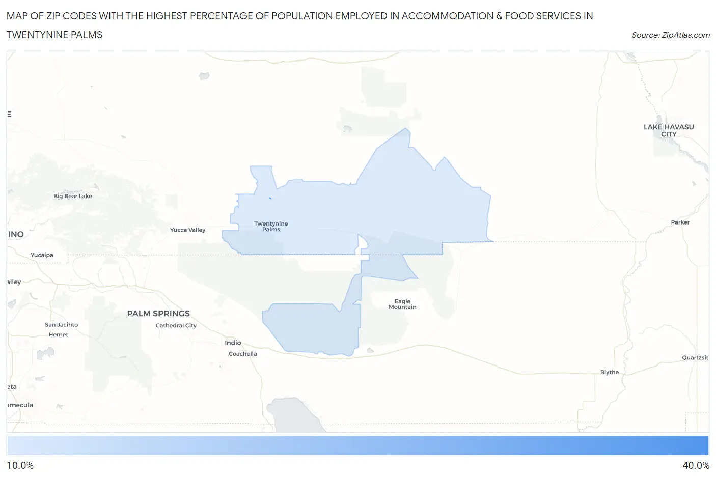 Zip Codes with the Highest Percentage of Population Employed in Accommodation & Food Services in Twentynine Palms Map