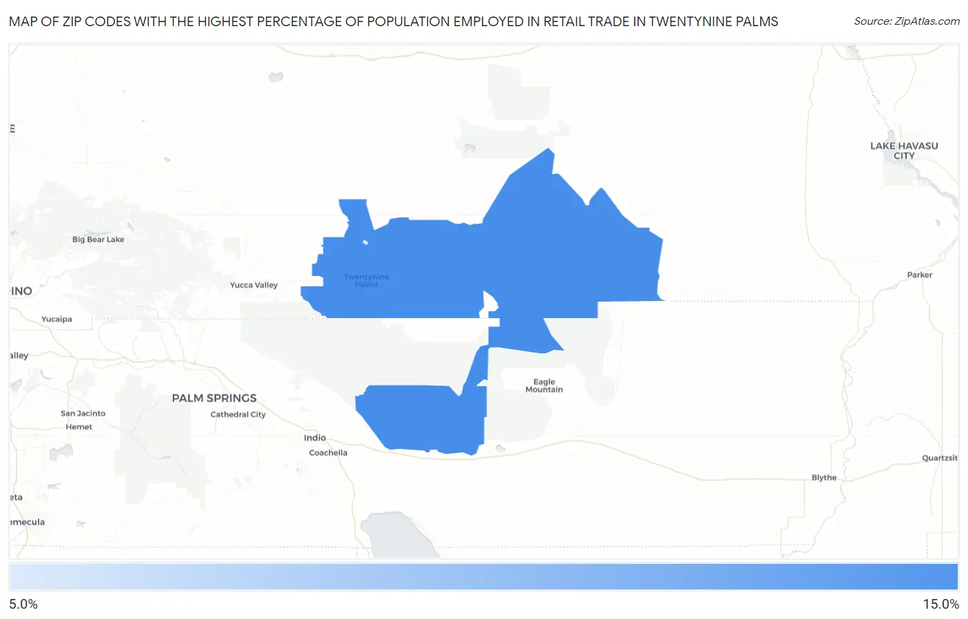 Zip Codes with the Highest Percentage of Population Employed in Retail Trade in Twentynine Palms Map