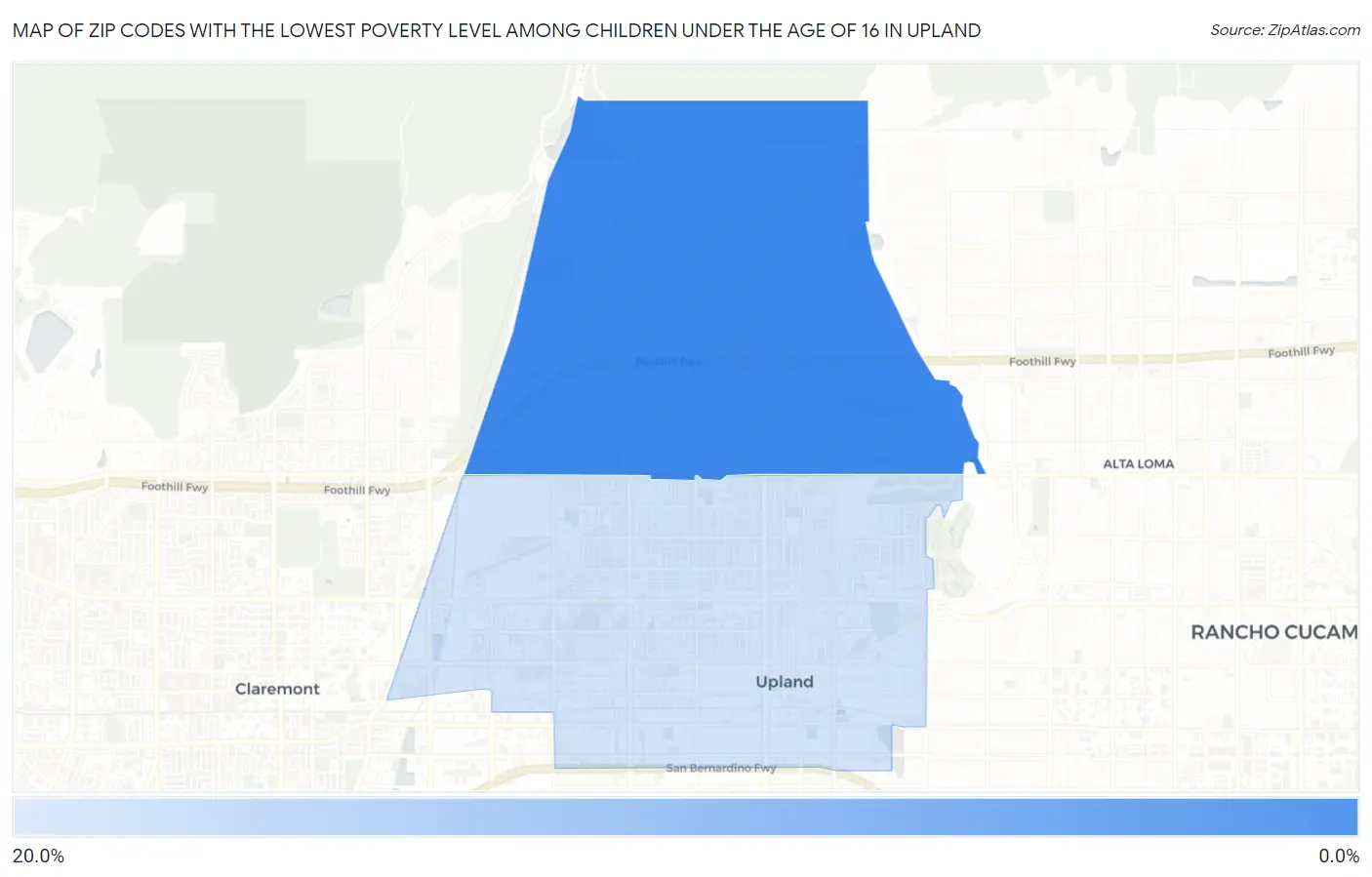 Zip Codes with the Lowest Poverty Level Among Children Under the Age of 16 in Upland Map