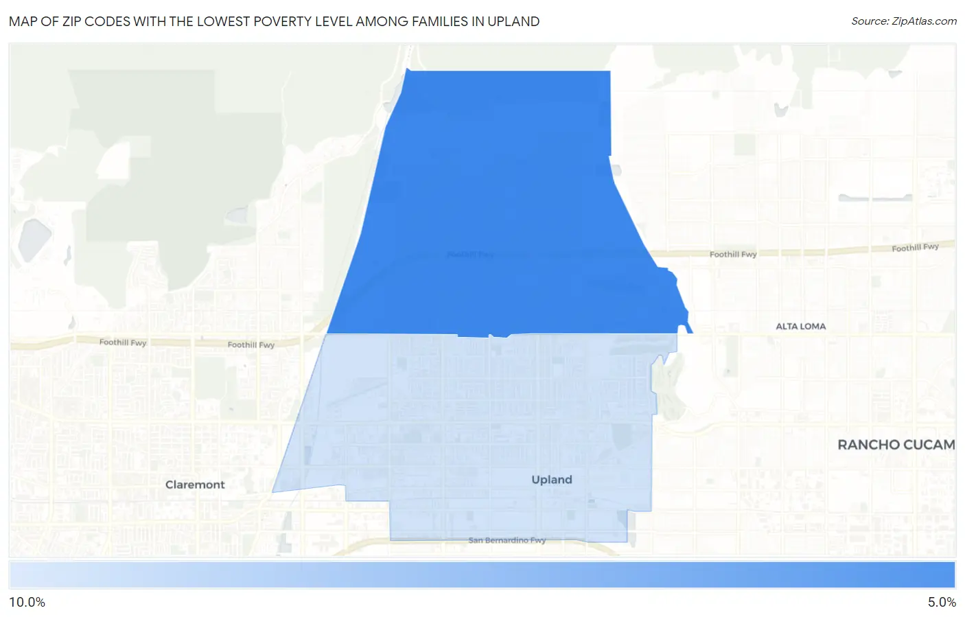 Zip Codes with the Lowest Poverty Level Among Families in Upland Map