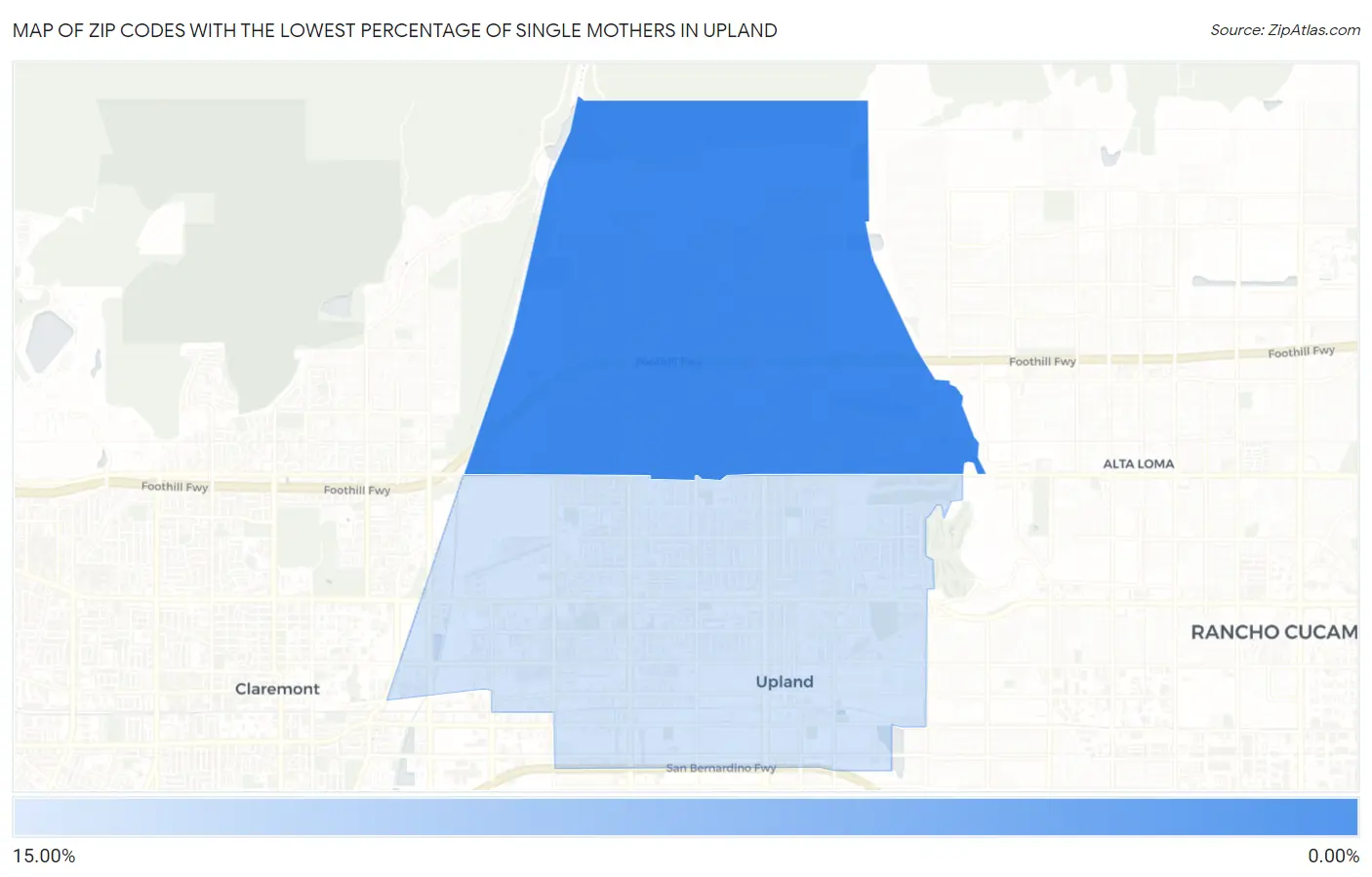 Zip Codes with the Lowest Percentage of Single Mothers in Upland Map