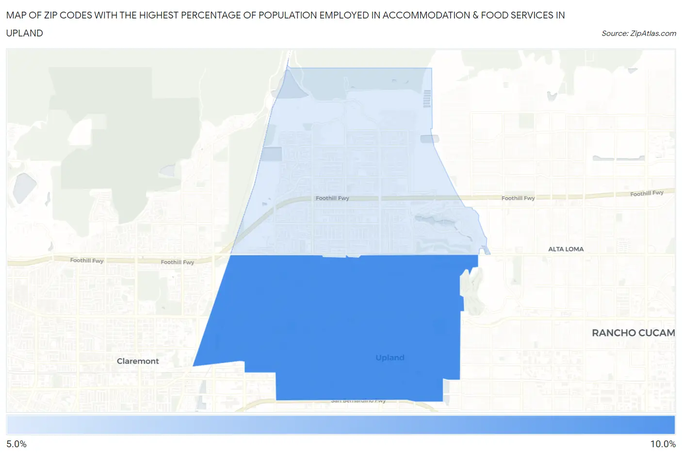 Zip Codes with the Highest Percentage of Population Employed in Accommodation & Food Services in Upland Map