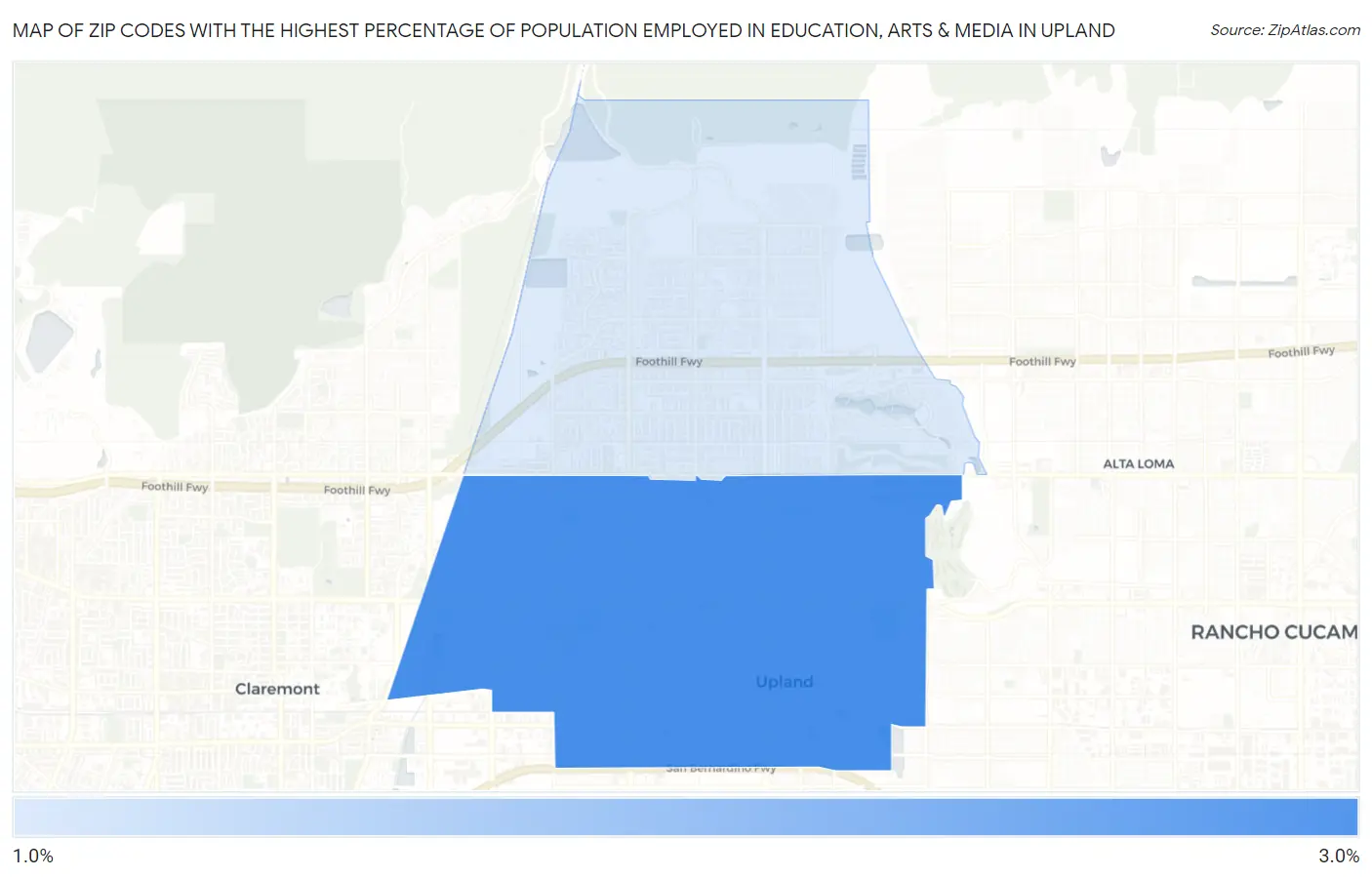 Zip Codes with the Highest Percentage of Population Employed in Education, Arts & Media in Upland Map