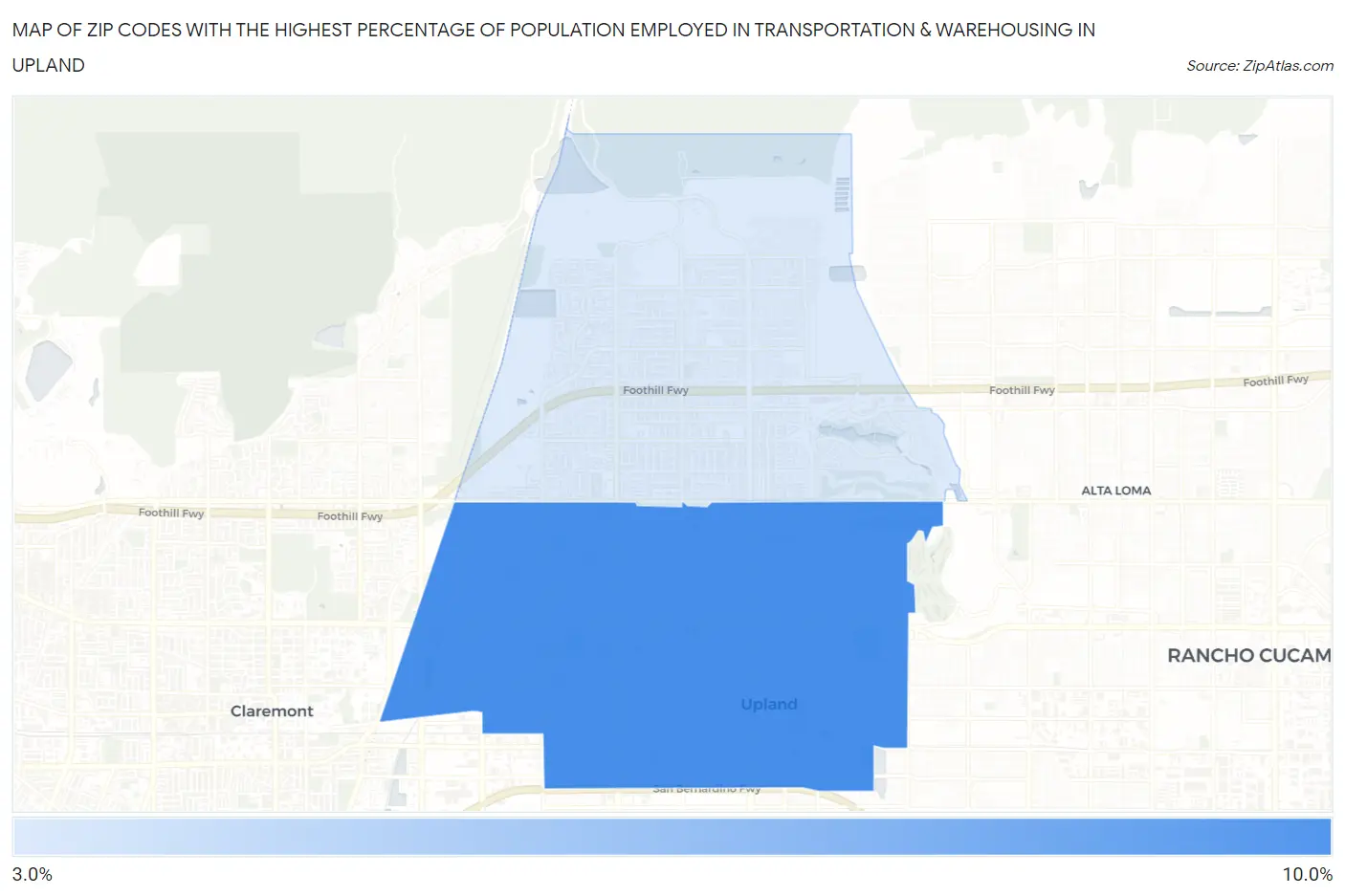 Zip Codes with the Highest Percentage of Population Employed in Transportation & Warehousing in Upland Map