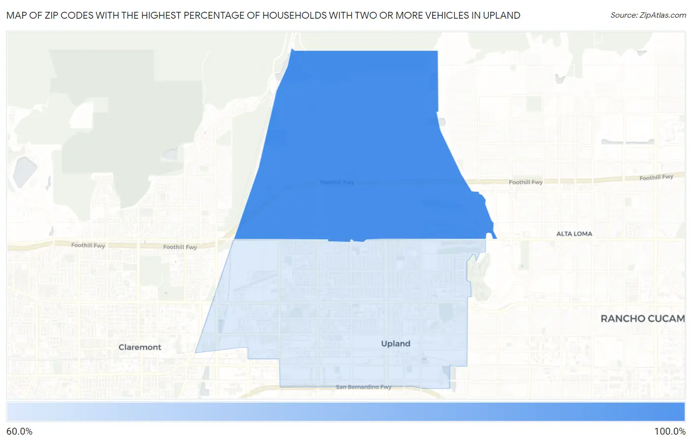 Zip Codes with the Highest Percentage of Households With Two or more Vehicles in Upland Map