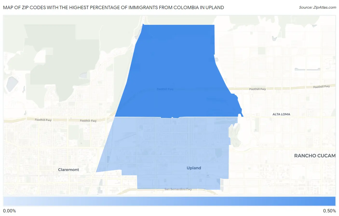 Zip Codes with the Highest Percentage of Immigrants from Colombia in Upland Map