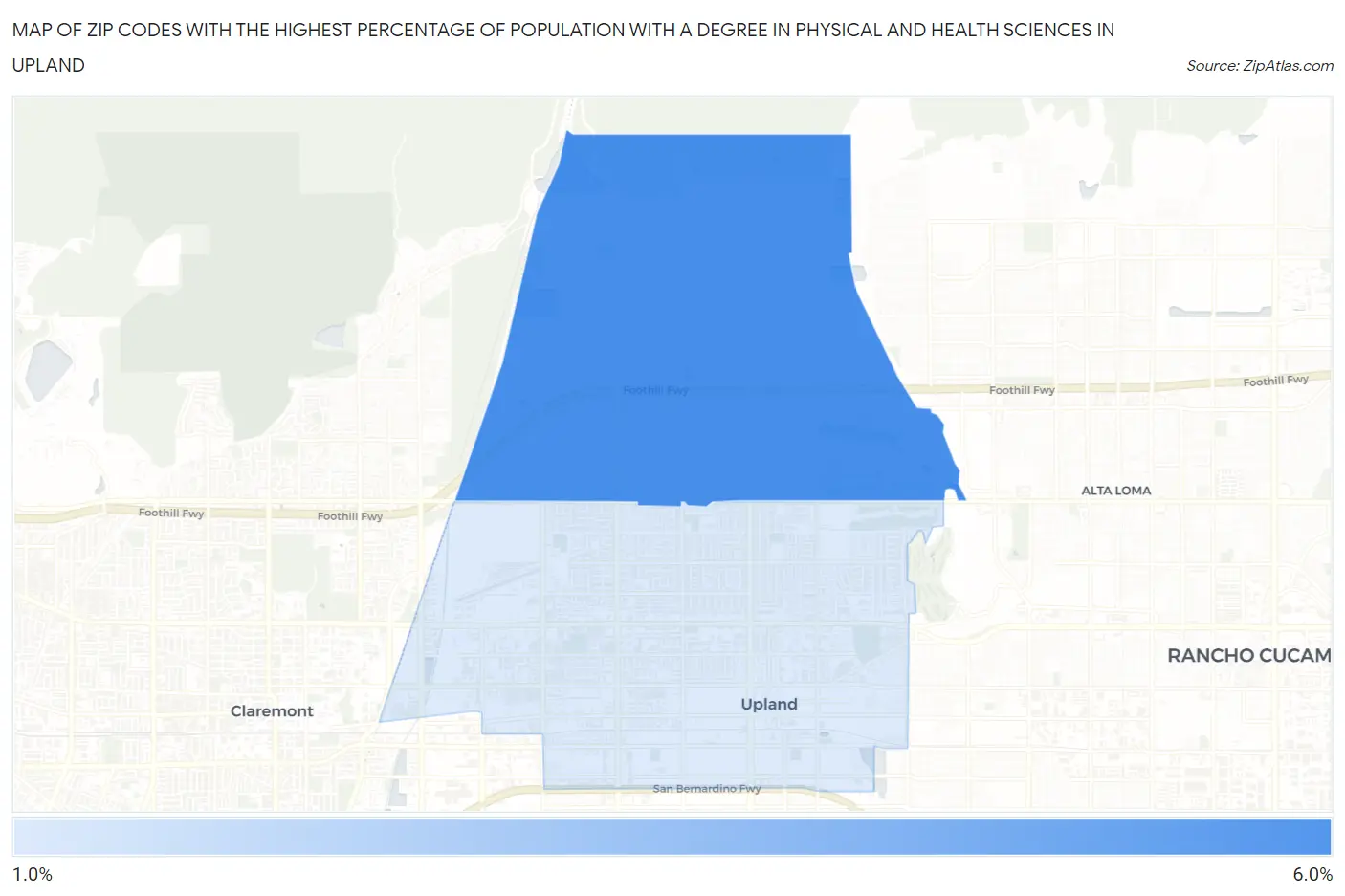 Zip Codes with the Highest Percentage of Population with a Degree in Physical and Health Sciences in Upland Map