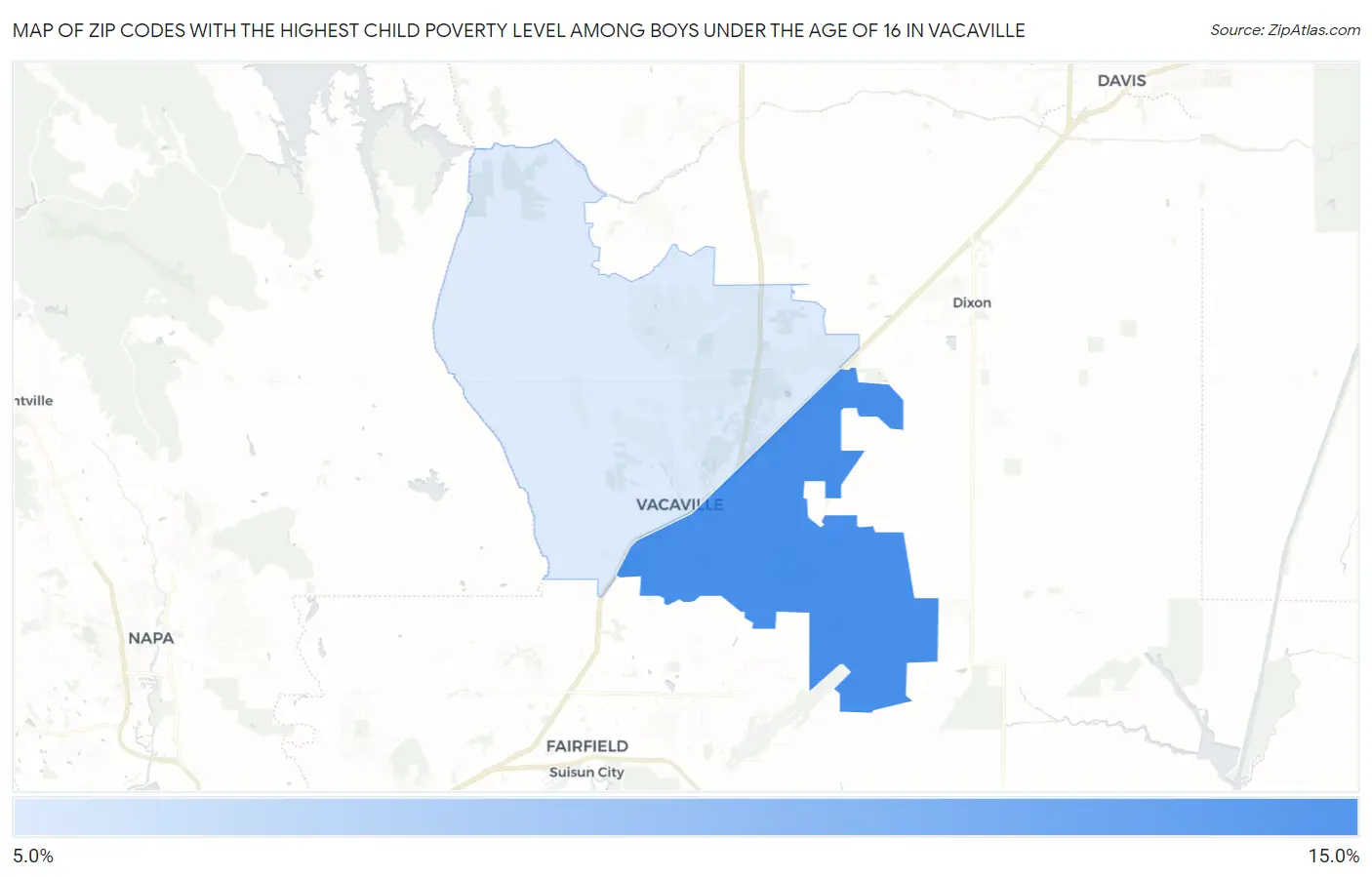 Zip Codes with the Highest Child Poverty Level Among Boys Under the Age of 16 in Vacaville Map