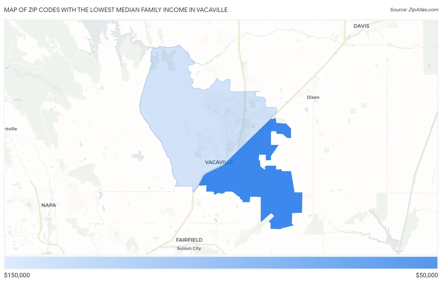 Zip Codes with the Lowest Median Family Income in Vacaville Map