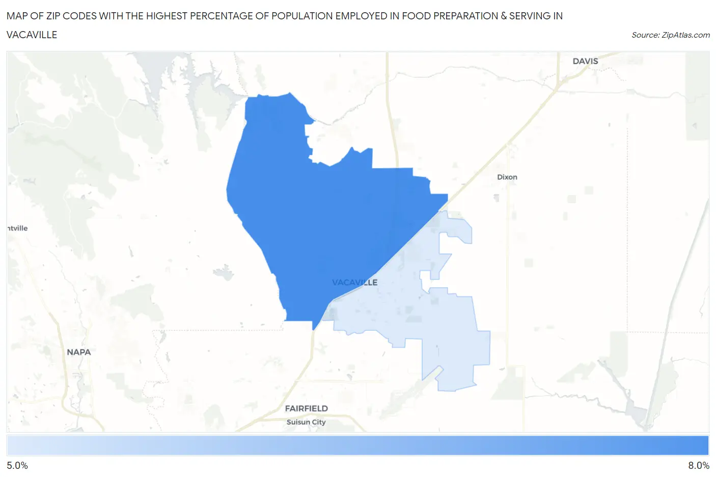 Zip Codes with the Highest Percentage of Population Employed in Food Preparation & Serving in Vacaville Map