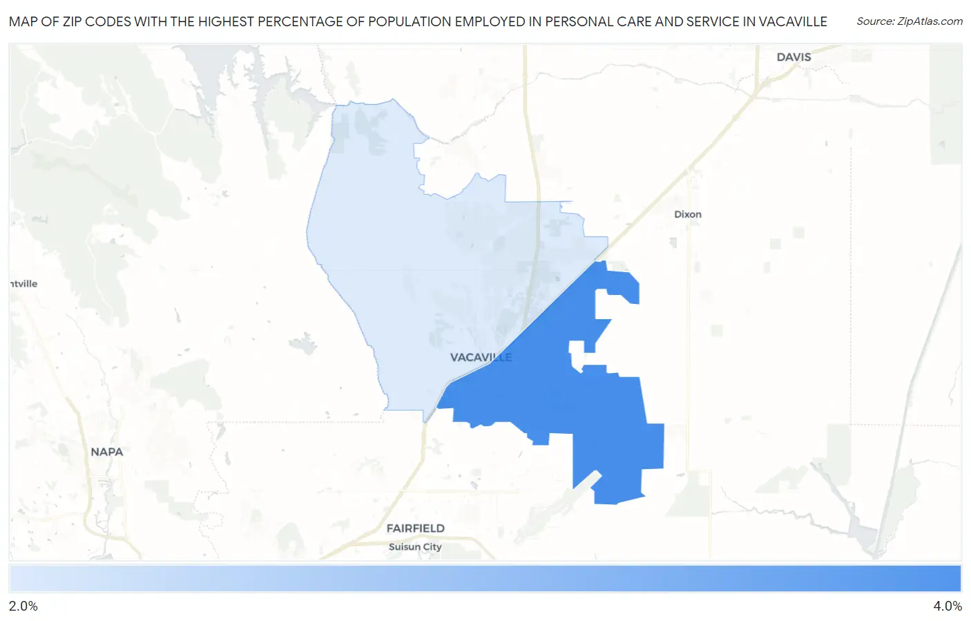 Zip Codes with the Highest Percentage of Population Employed in Personal Care and Service in Vacaville Map