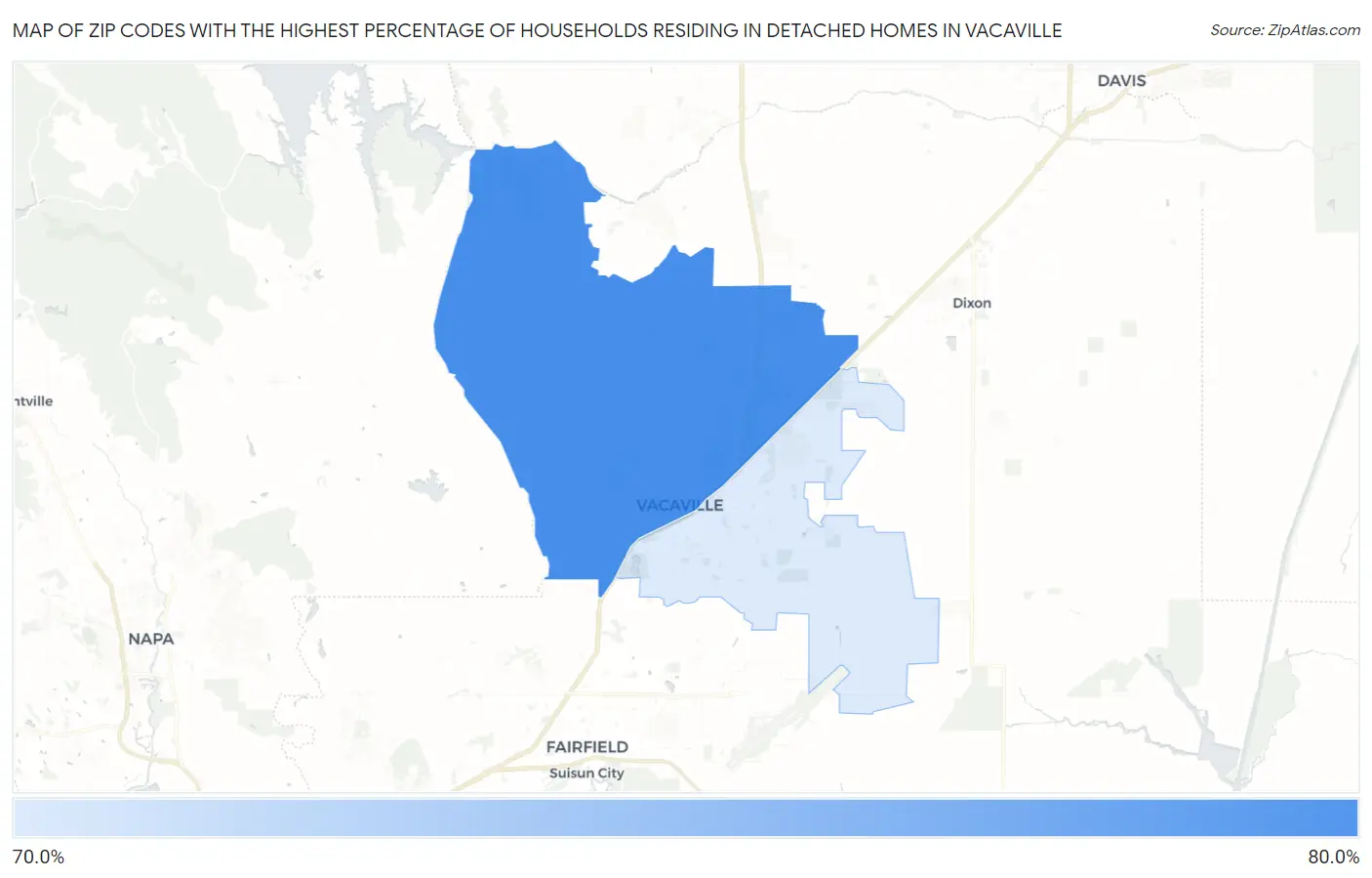 Zip Codes with the Highest Percentage of Households Residing in Detached Homes in Vacaville Map