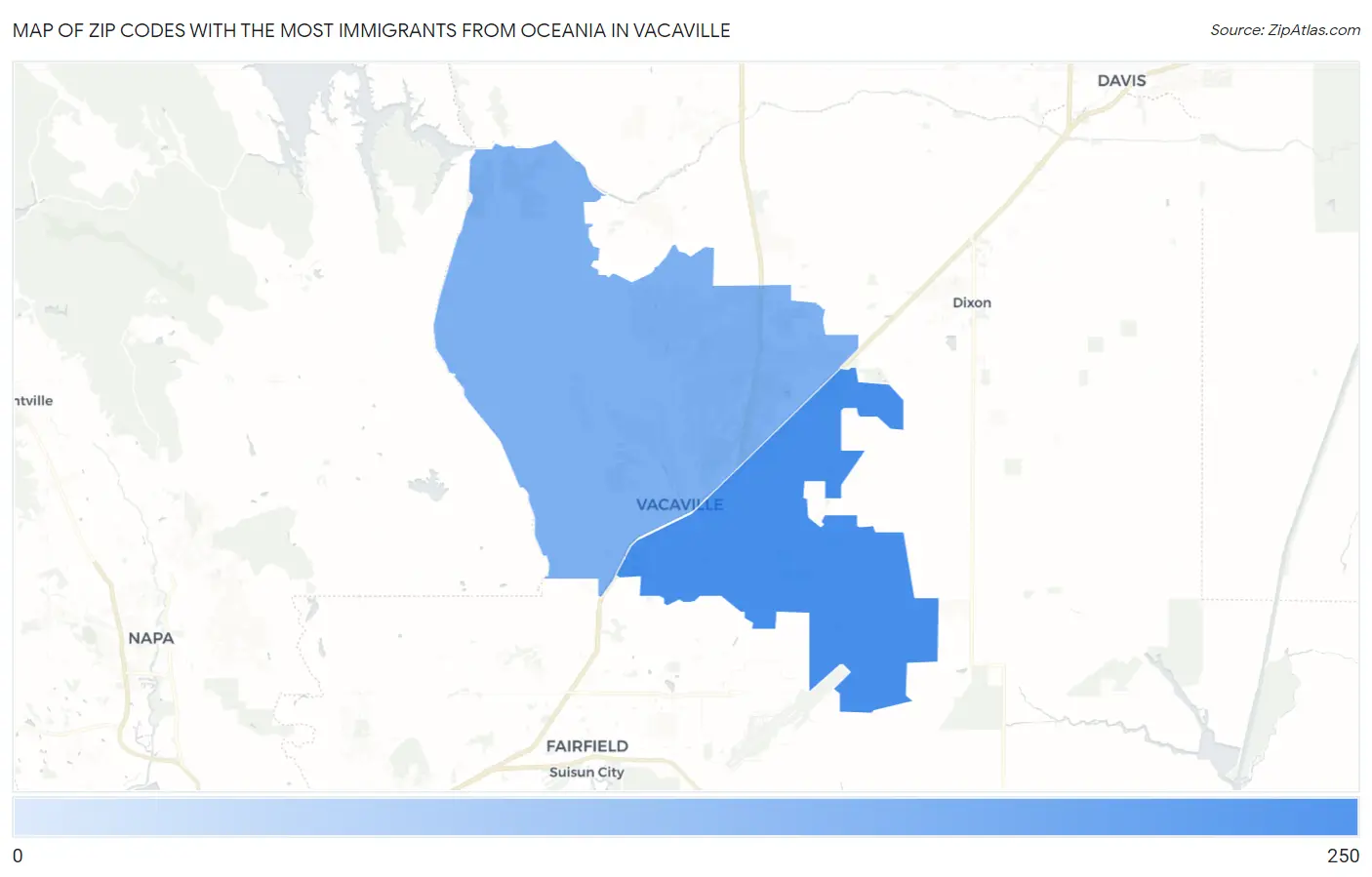 Zip Codes with the Most Immigrants from Oceania in Vacaville Map