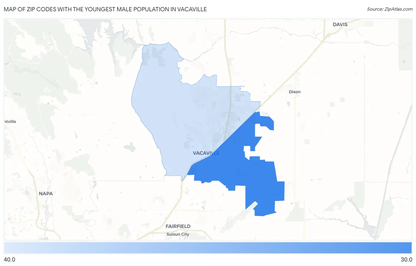 Zip Codes with the Youngest Male Population in Vacaville Map