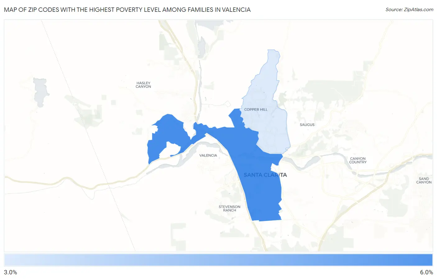 Zip Codes with the Highest Poverty Level Among Families in Valencia Map