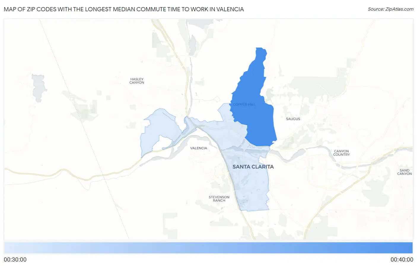 Zip Codes with the Longest Median Commute Time to Work in Valencia Map