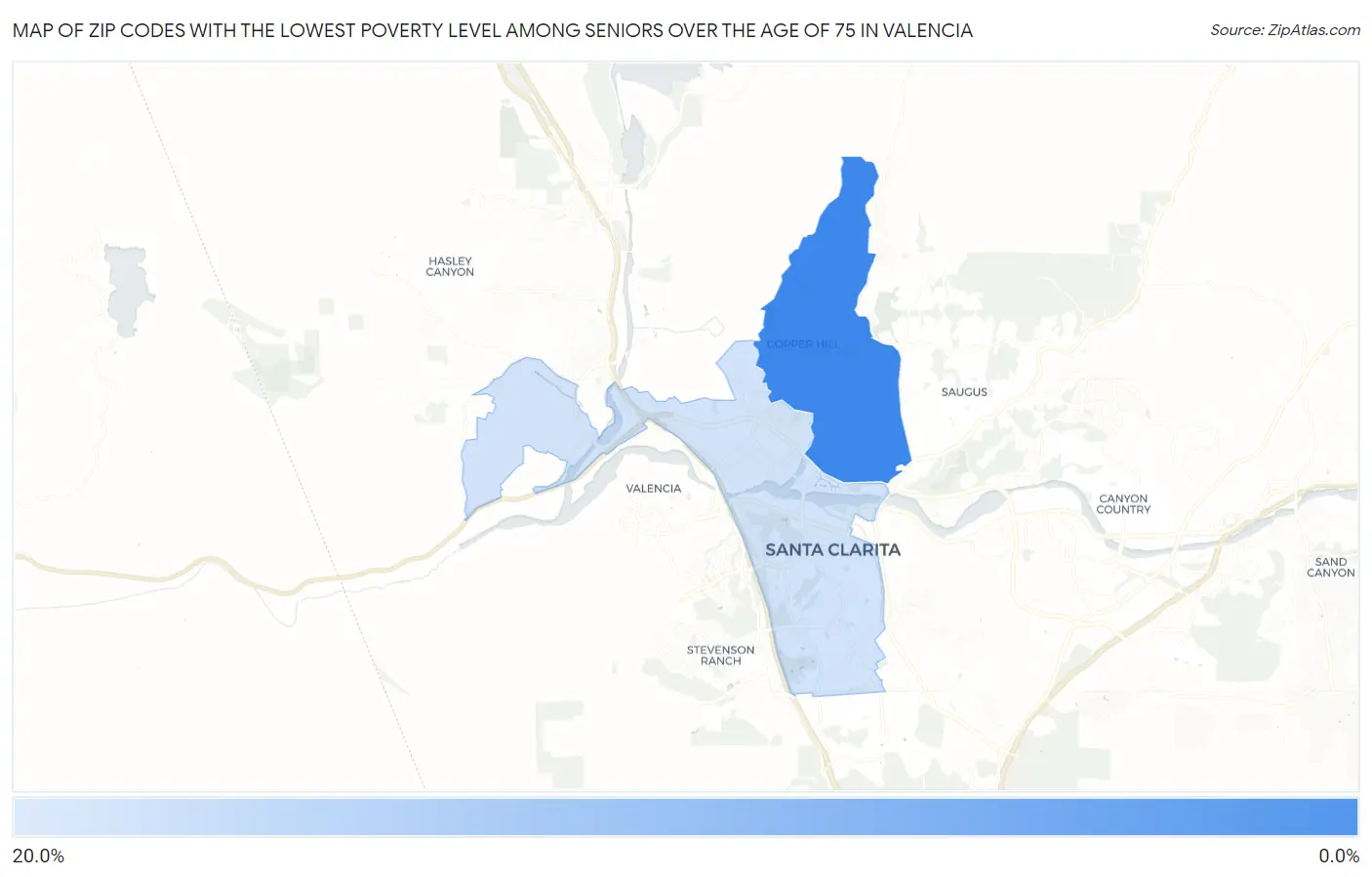 Zip Codes with the Lowest Poverty Level Among Seniors Over the Age of 75 in Valencia Map