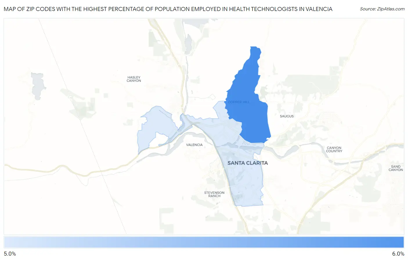 Zip Codes with the Highest Percentage of Population Employed in Health Technologists in Valencia Map