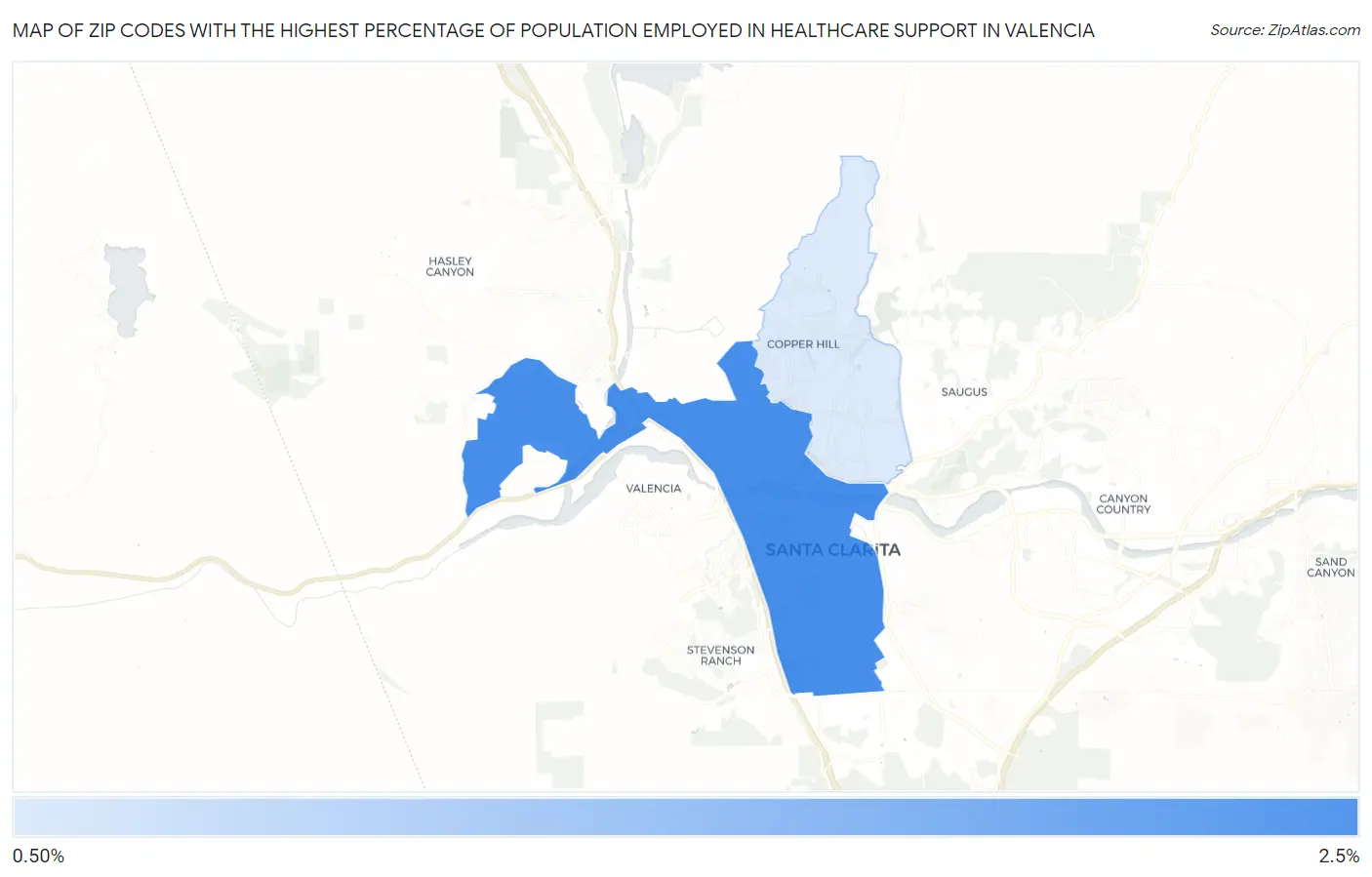 Zip Codes with the Highest Percentage of Population Employed in Healthcare Support in Valencia Map