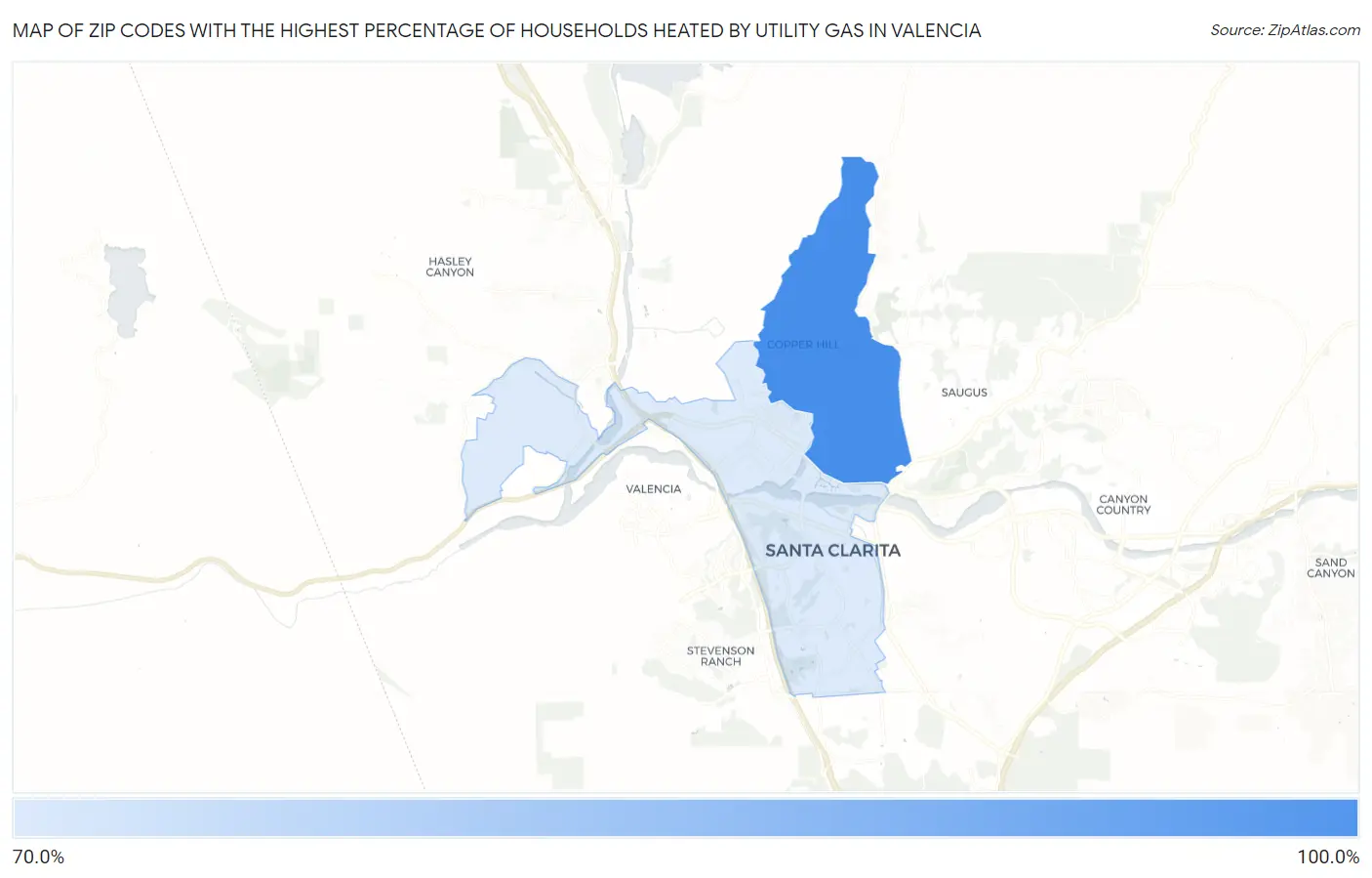 Zip Codes with the Highest Percentage of Households Heated by Utility Gas in Valencia Map