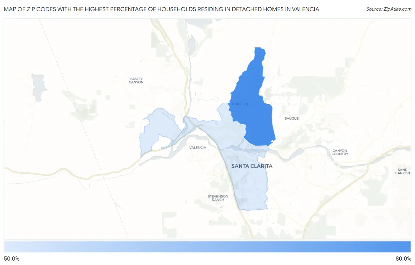 Zip Codes with the Highest Percentage of Households Residing in Detached Homes in Valencia Map