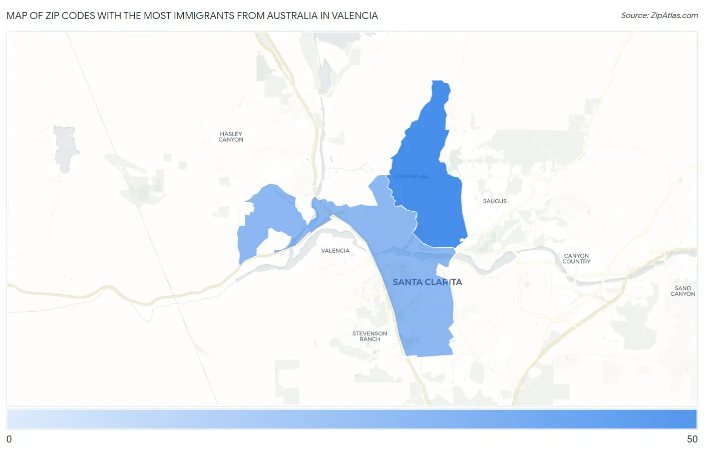 Zip Codes with the Most Immigrants from Australia in Valencia Map