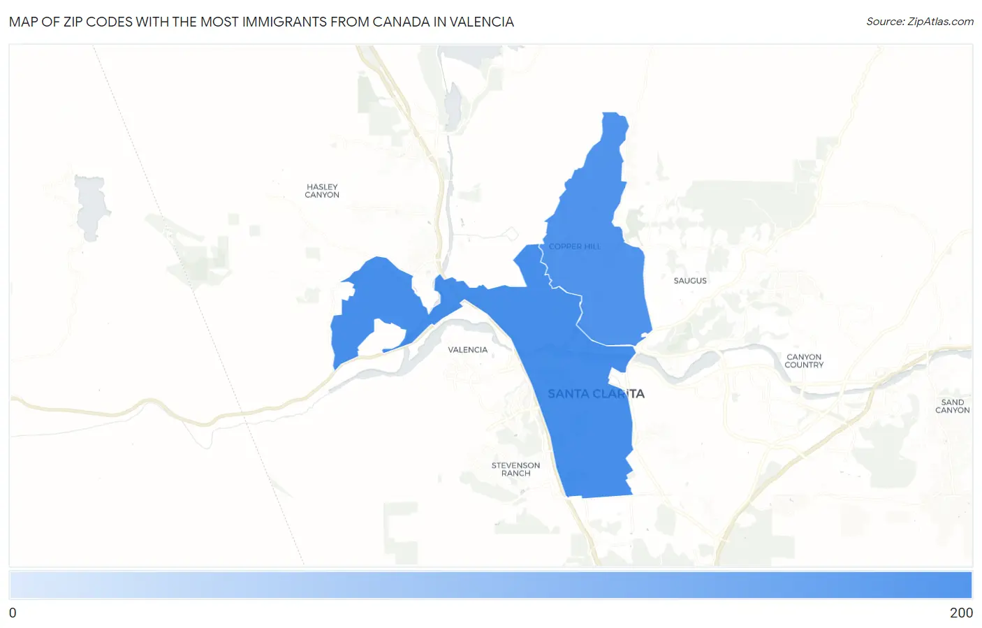 Zip Codes with the Most Immigrants from Canada in Valencia Map