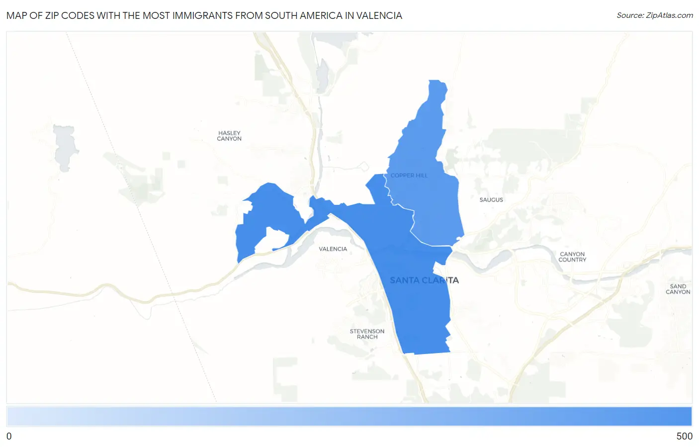 Zip Codes with the Most Immigrants from South America in Valencia Map