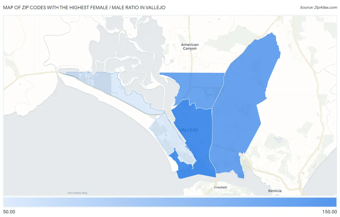 Zip Codes with the Highest Female / Male Ratio in Vallejo Map
