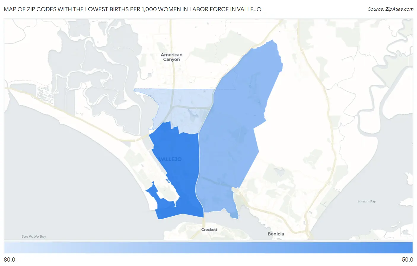 Zip Codes with the Lowest Births per 1,000 Women in Labor Force in Vallejo Map